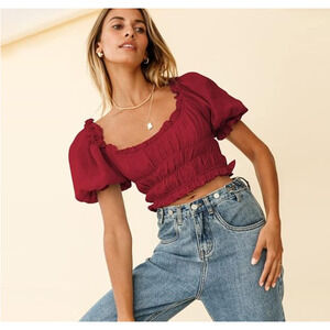 Dark Red Square Neck Ruffled Lantern Sleeve Cropped Top NWT Size L